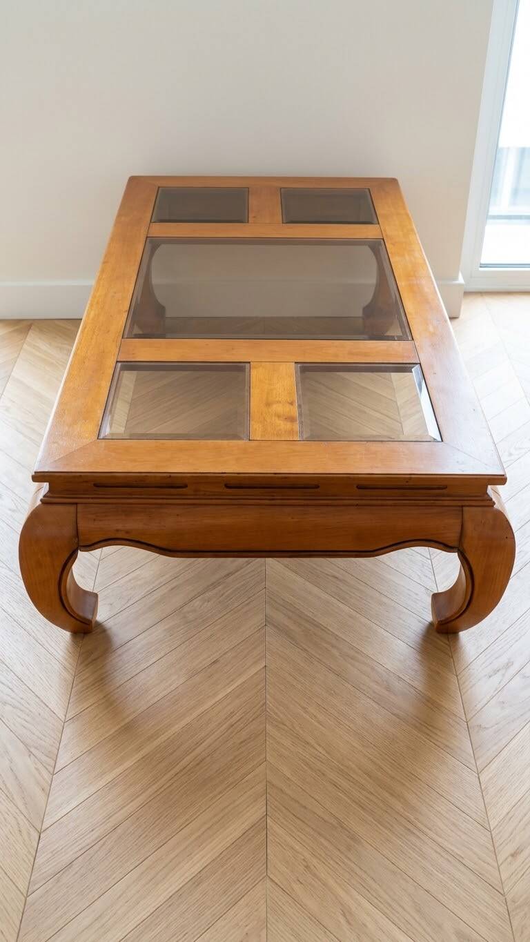 Coffee table in solid cherry wood with glass tops.