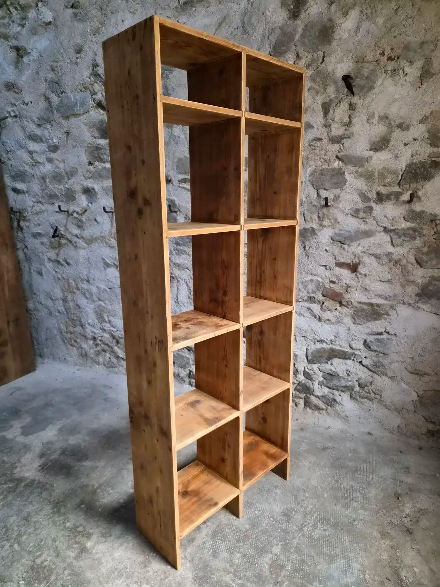 Vintage pine shelf with compartments, room divider, 1950s.