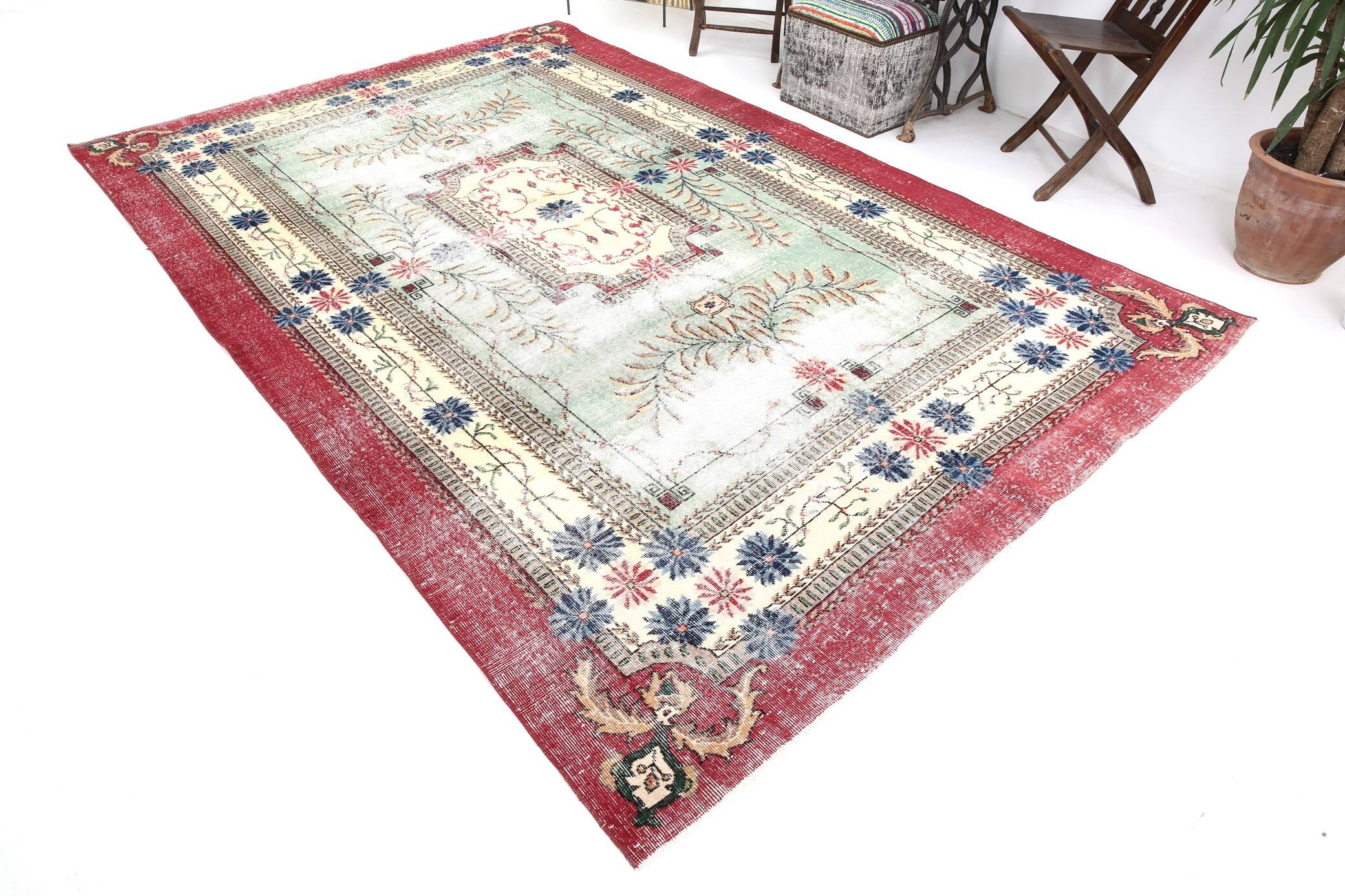 7x11 Rug For Living Room Red Green Bordered Vintage Area Rug, 215x335Cm
