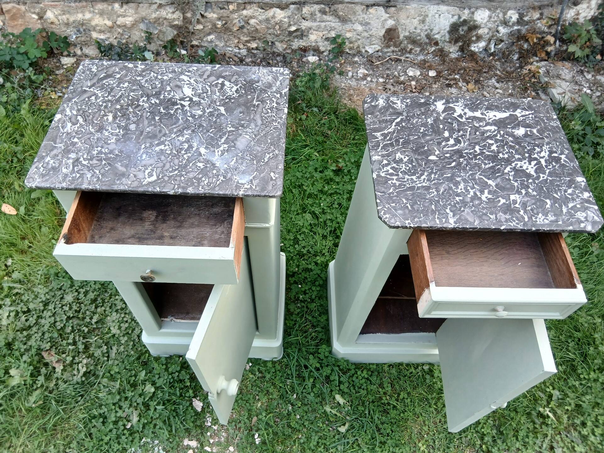 Pairs of bedside tables in Louis Philippe style, Luxembourg green.