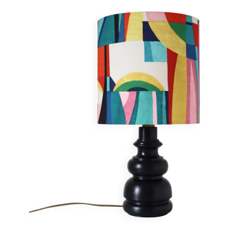 Vintage lamp with black solid wood base and multi-colored lampshade