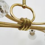 Modernist chandelier with 10 brass branches and white glass tubes, 1970s