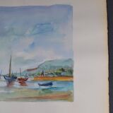 Ecole française xxème siècle d martine : voiliers sur la mer aquarelle