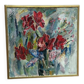 Huile sur toile originale suédoise – « Amaryllis et Hyacinthes » par Harry Thomander – Vintage et encadrée – 64 × 65 cm (25,2" × 25,6")