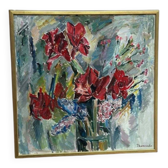 Original Swedish Oil On Canvas – “Amaryllis And Hyacinths” By Harry Thomander – Vintage & Framed – 64 × 65 Cm (25.2" × 25.6")