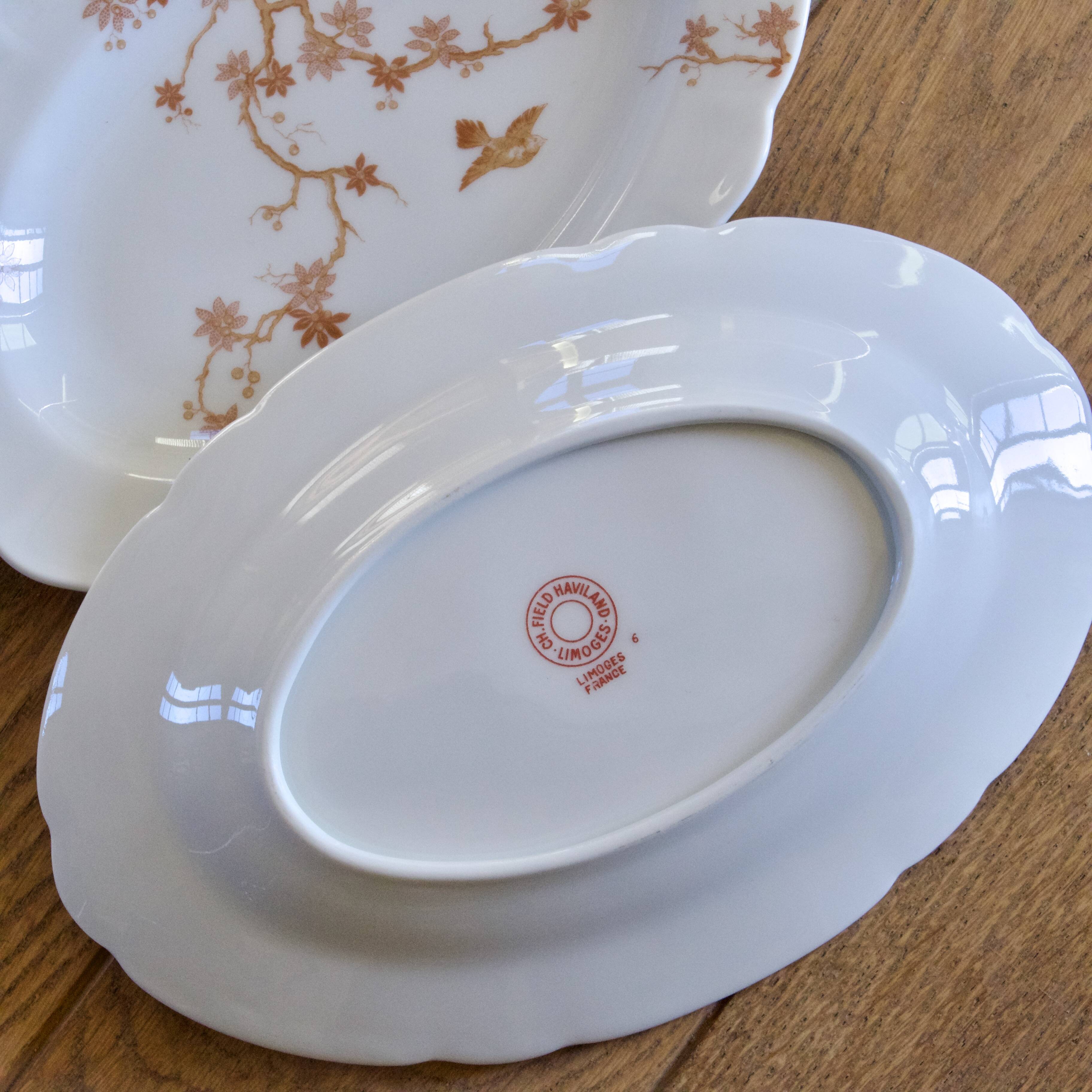 Pair of antique Limoges Haviland porcelain relish dishes with bird decoration