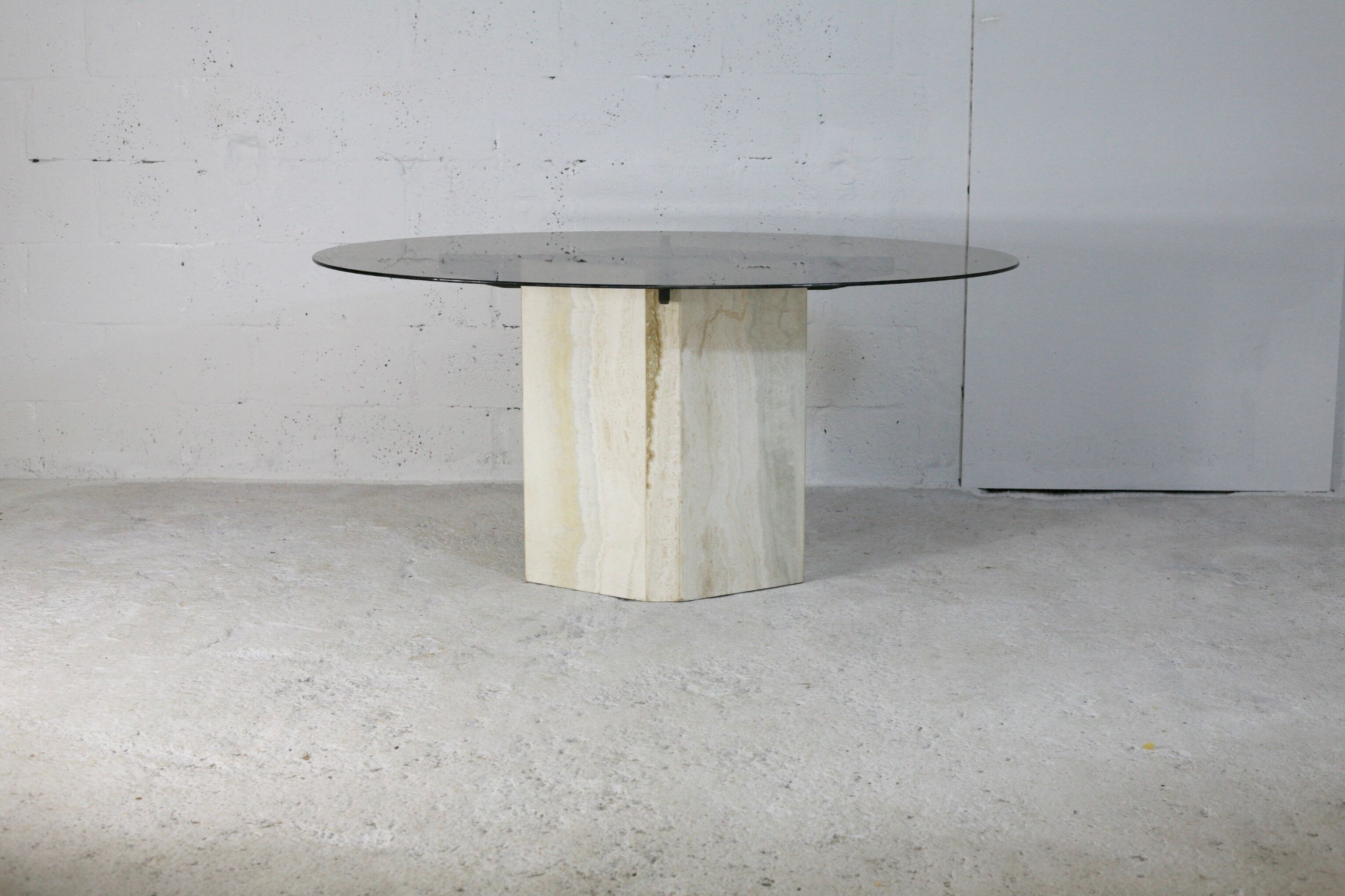 Living table, Comblanchian stone base and elliptical tray in smoked glass, Italy, 1970