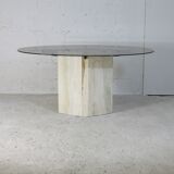 Living table, Comblanchian stone base and elliptical tray in smoked glass, Italy, 1970