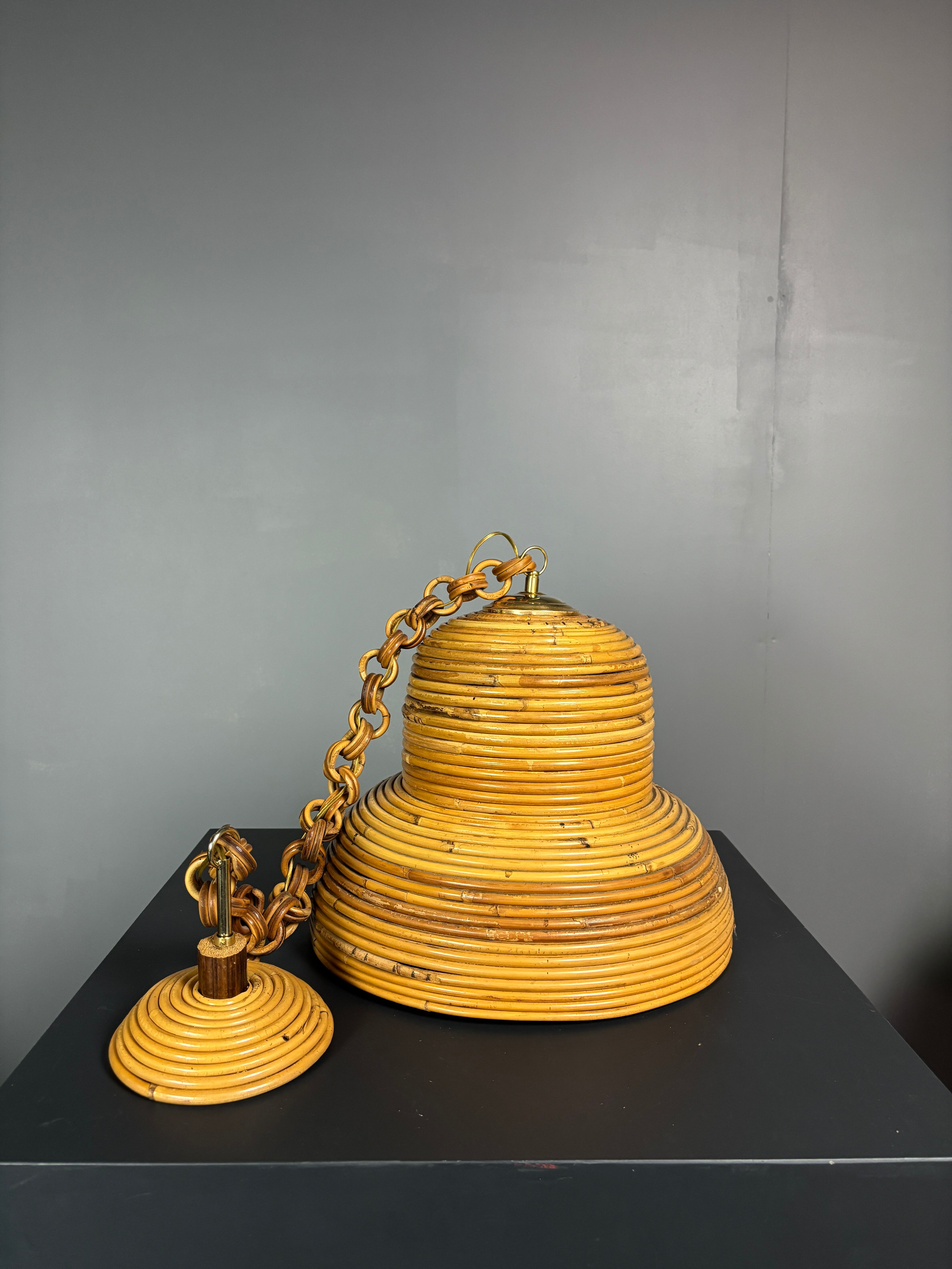 Midcentury Italian pencil reed rattan bamboo and brass hanging lamp pendant