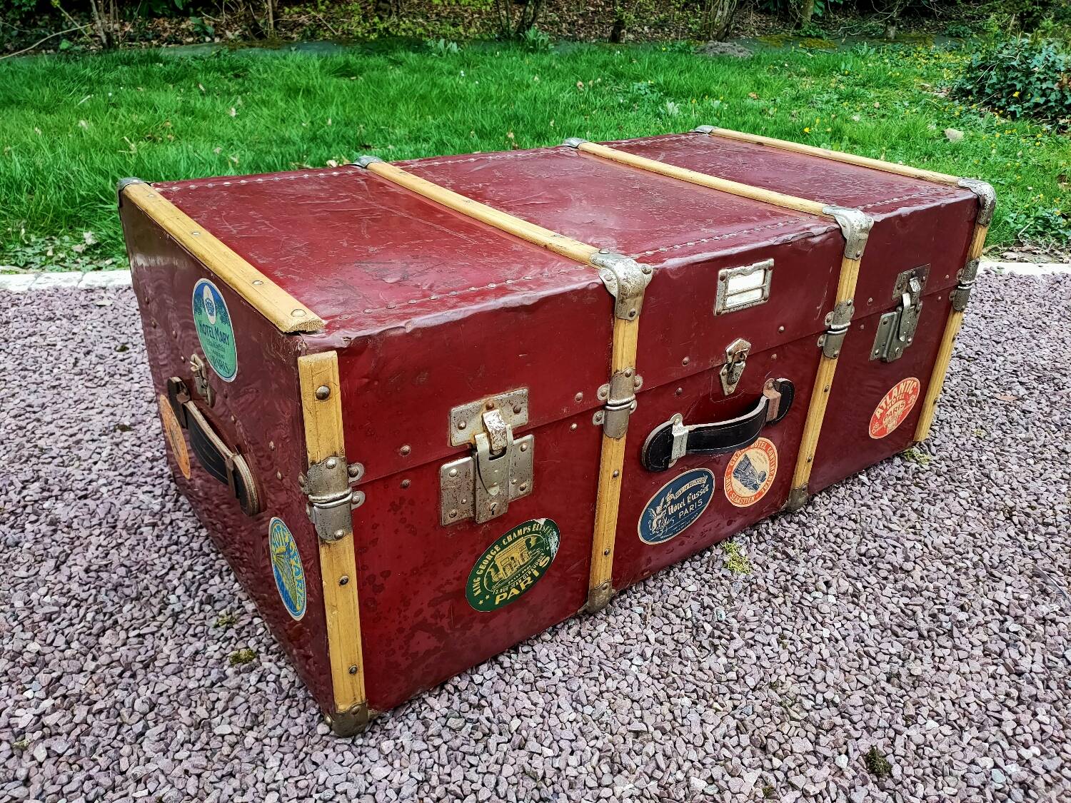 Old metal and wood travel trunk