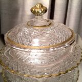 Butter dish or candy dish in pressed glass molded with golden rim