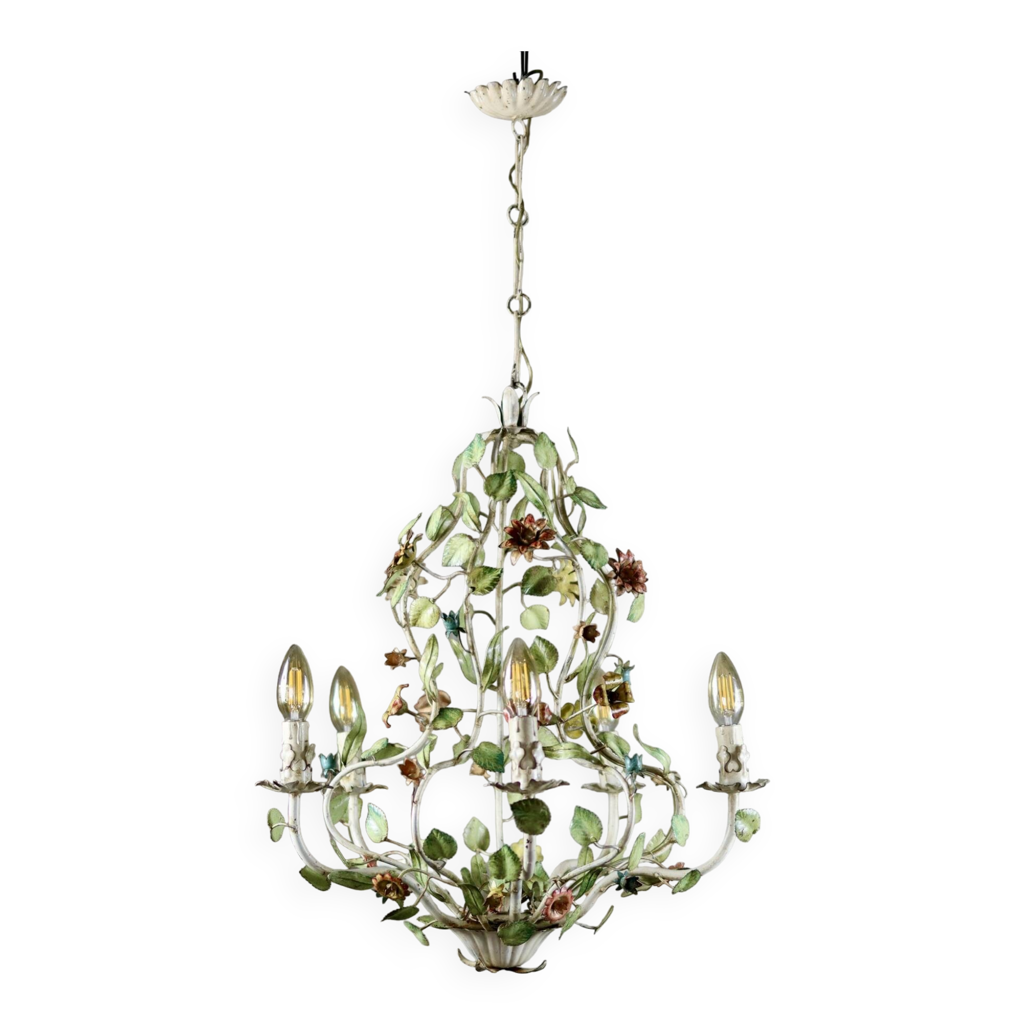 Large flower and leaf chandelier, hand-painted sheet metal, Italy, 1940s