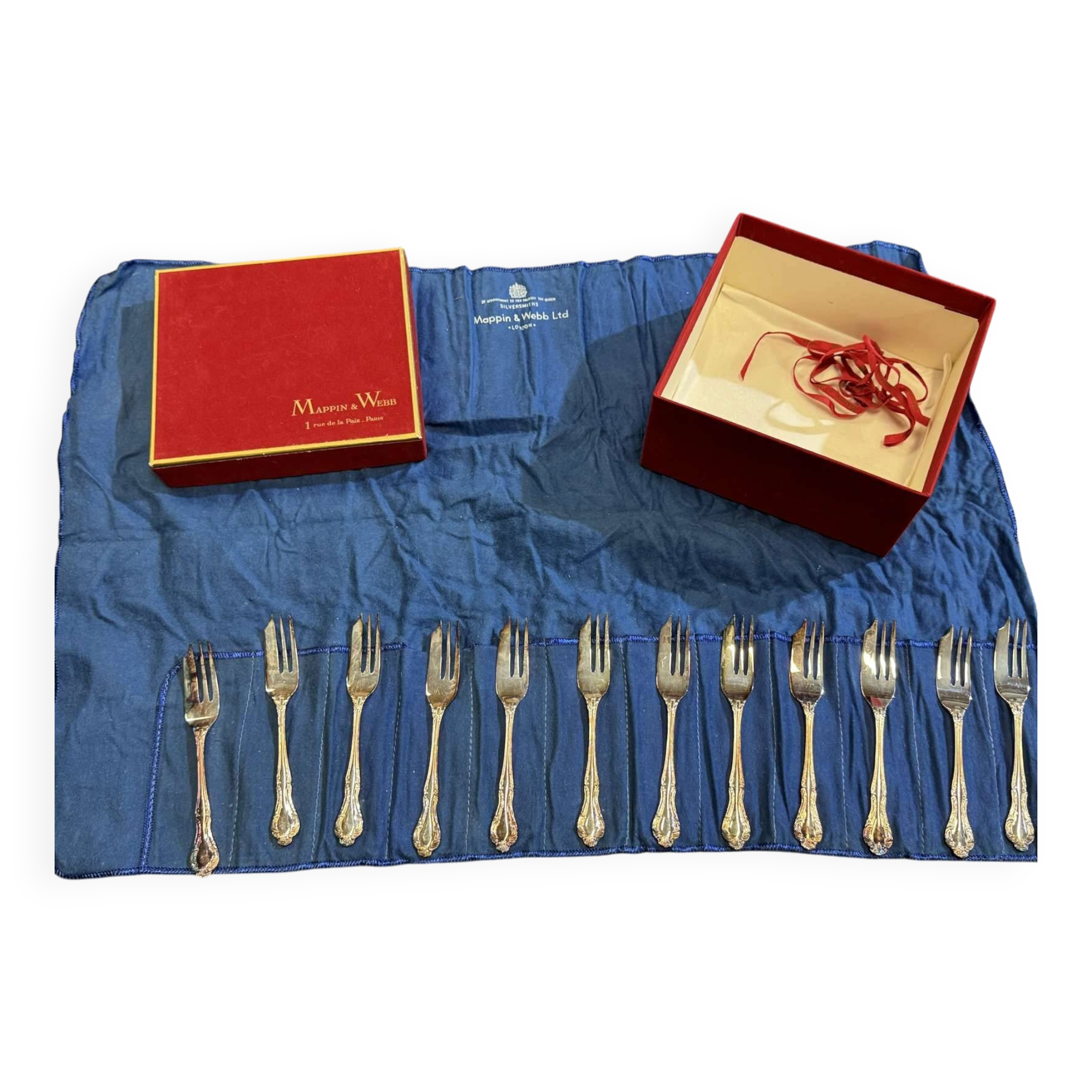Mappin and Webb box of 12 silver-plated cake forks