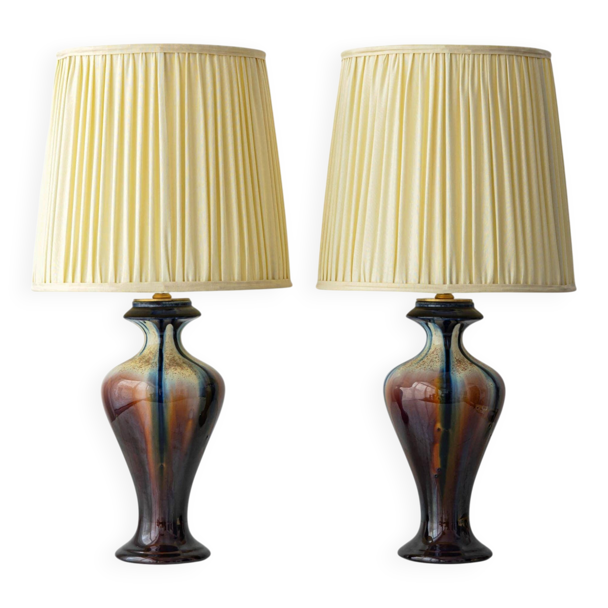 Pair of Art Deco Ceramic Table Lamps, Flambé Glaze, Belgium, 1920s, New Lampshades