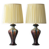 Pair of Art Deco Ceramic Table Lamps, Flambé Glaze, Belgium, 1920s, New Lampshades