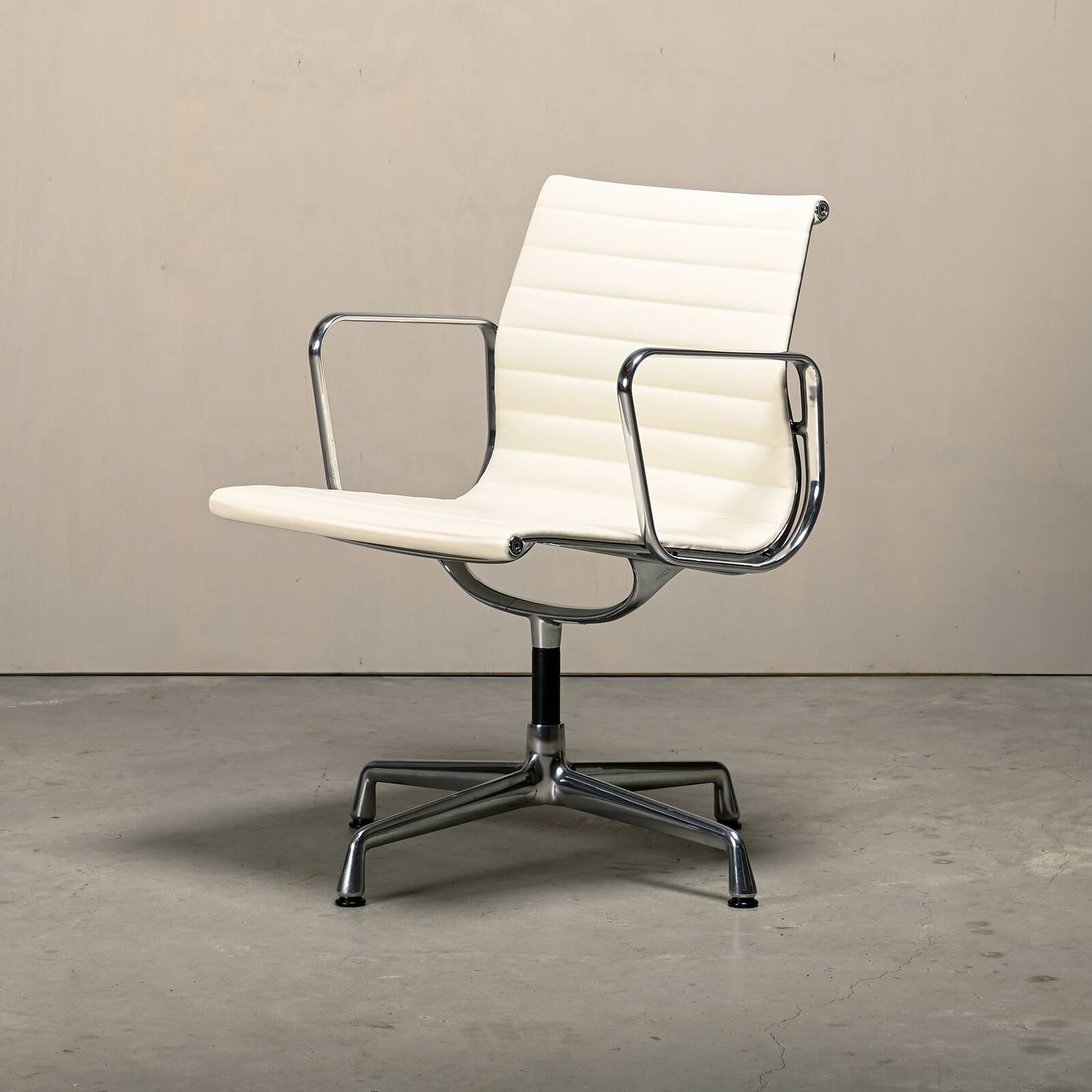 Charles & Ray Eames EA108 Dining Chair in Polished Aluminum and White leath