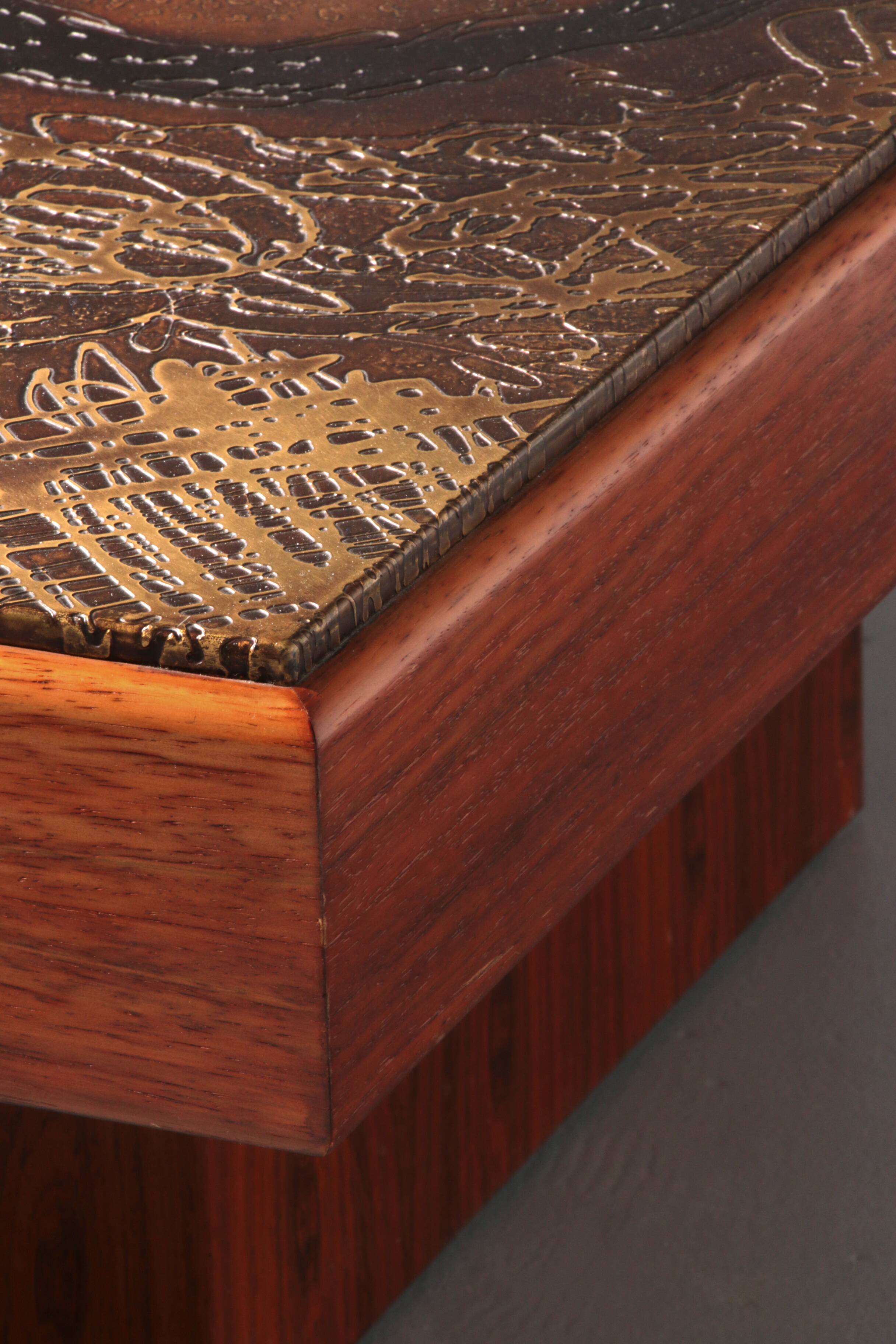 Brutalist Coffee Table with Copper Top and Wooden Base