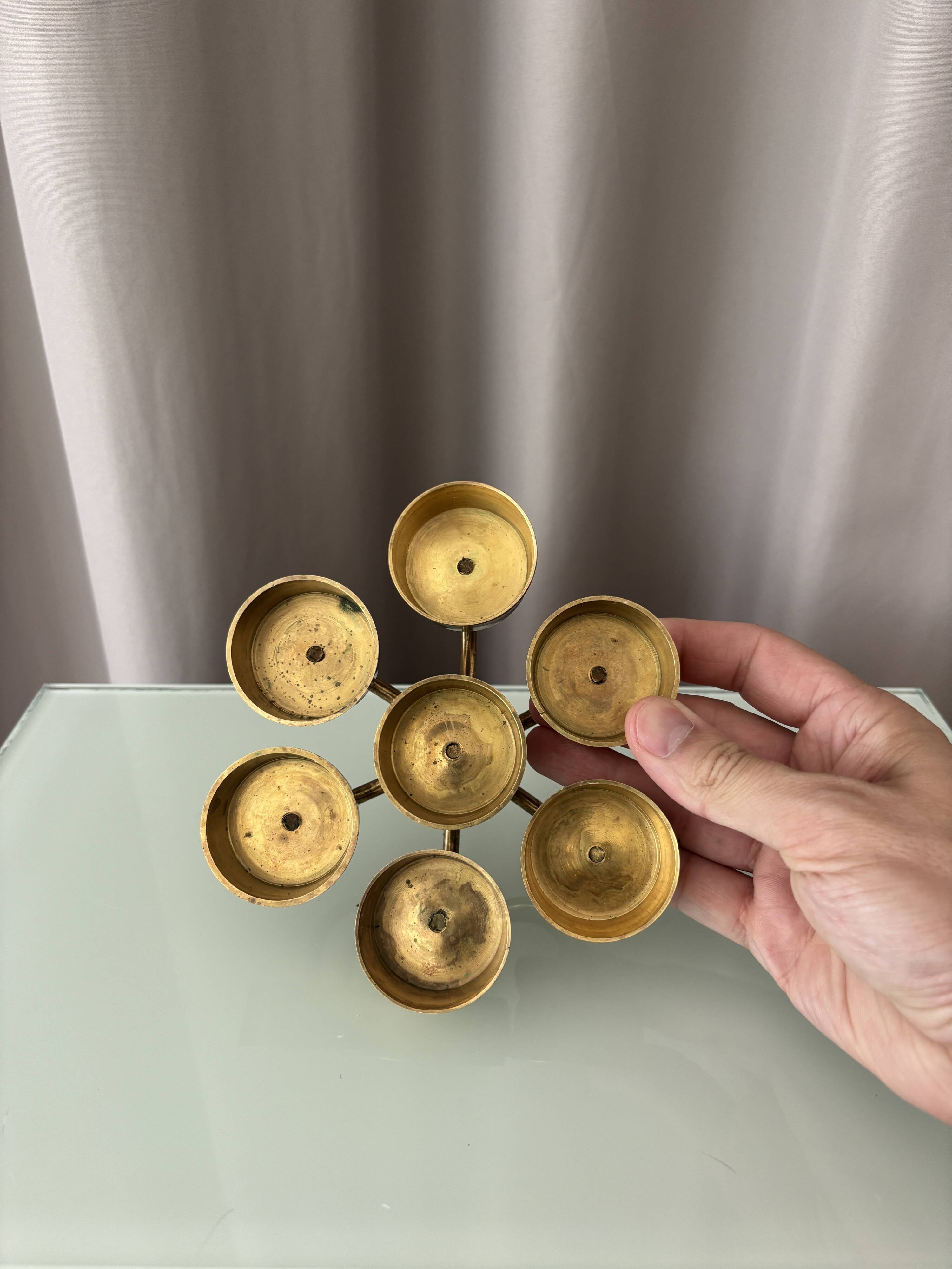 Vintage Solid Brass Seven-Light Candle Holder, Scandinavian Modern, 1970s