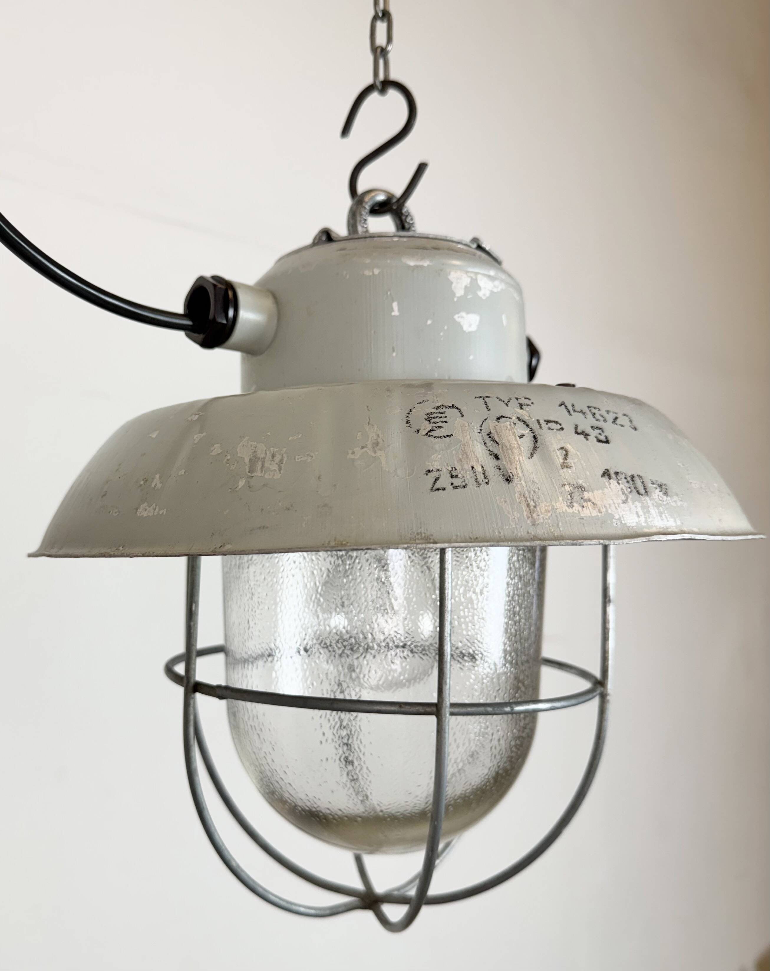 Grey Industrial Aluminium Cage Pendant Lamp with Frosted Glass, 1970s
