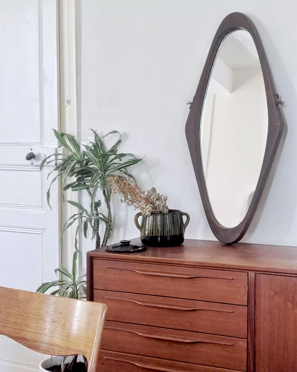 Italian free-form solid teak mirror