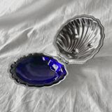 Vintage shell butter dish in stainless steel and cobalt blue glass