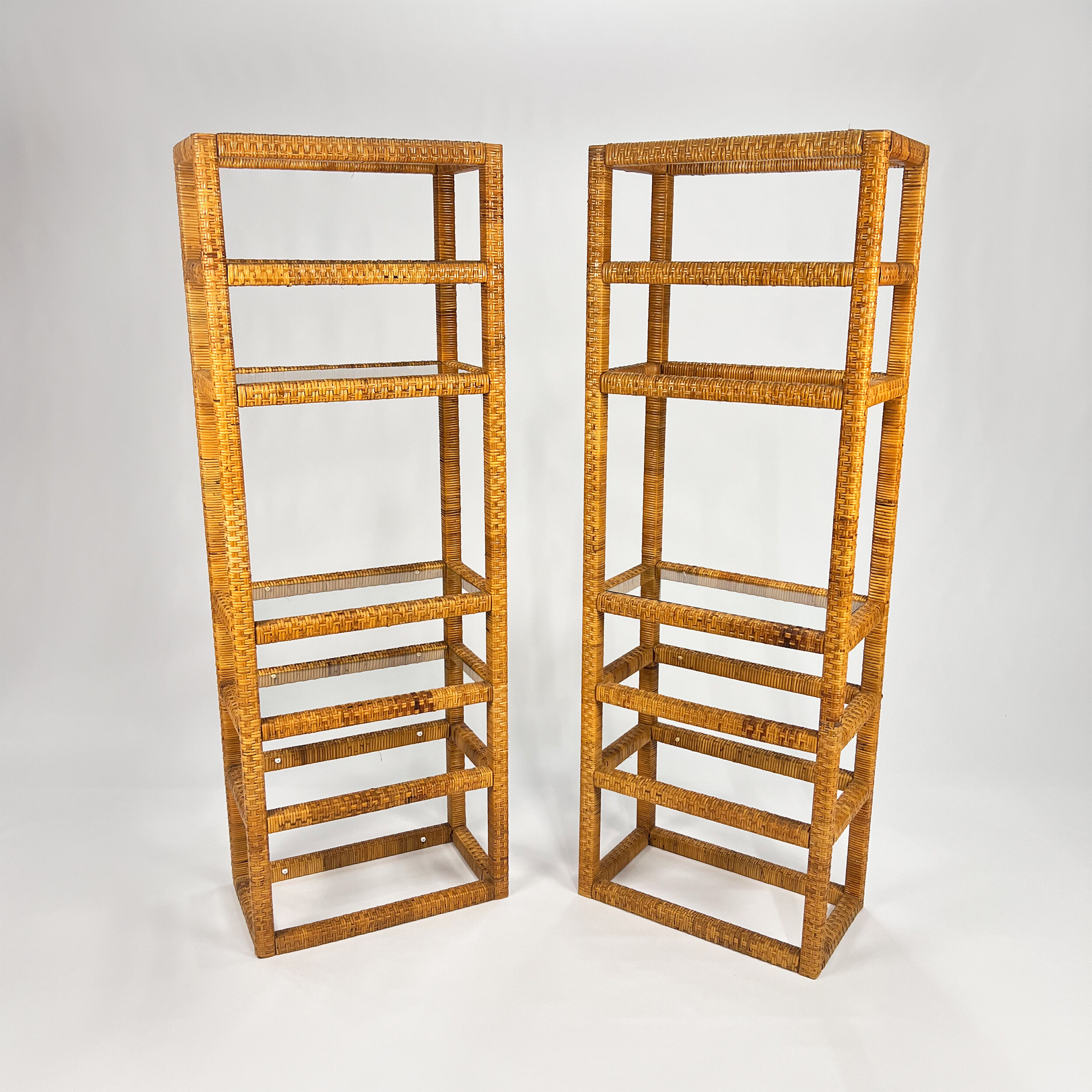Set of 2 mid century tall wicker and glass etagere cabinet, 1970s