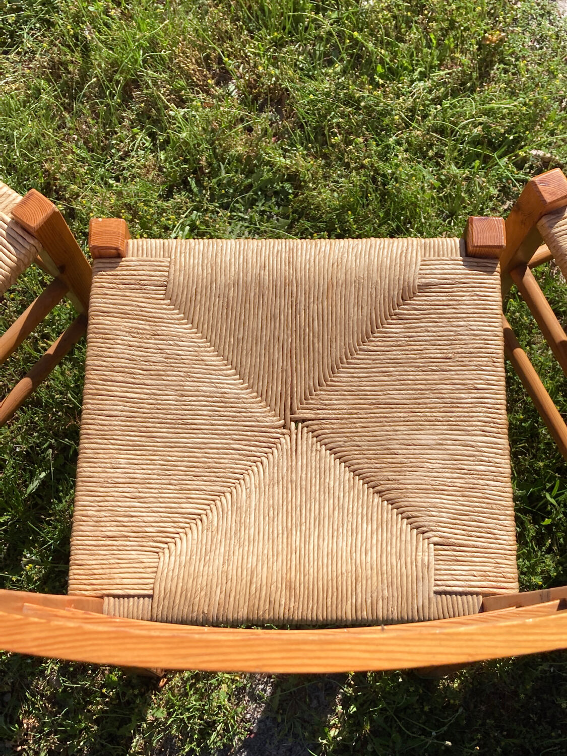 4 straw chairs in vintage pine wood 1980 1990