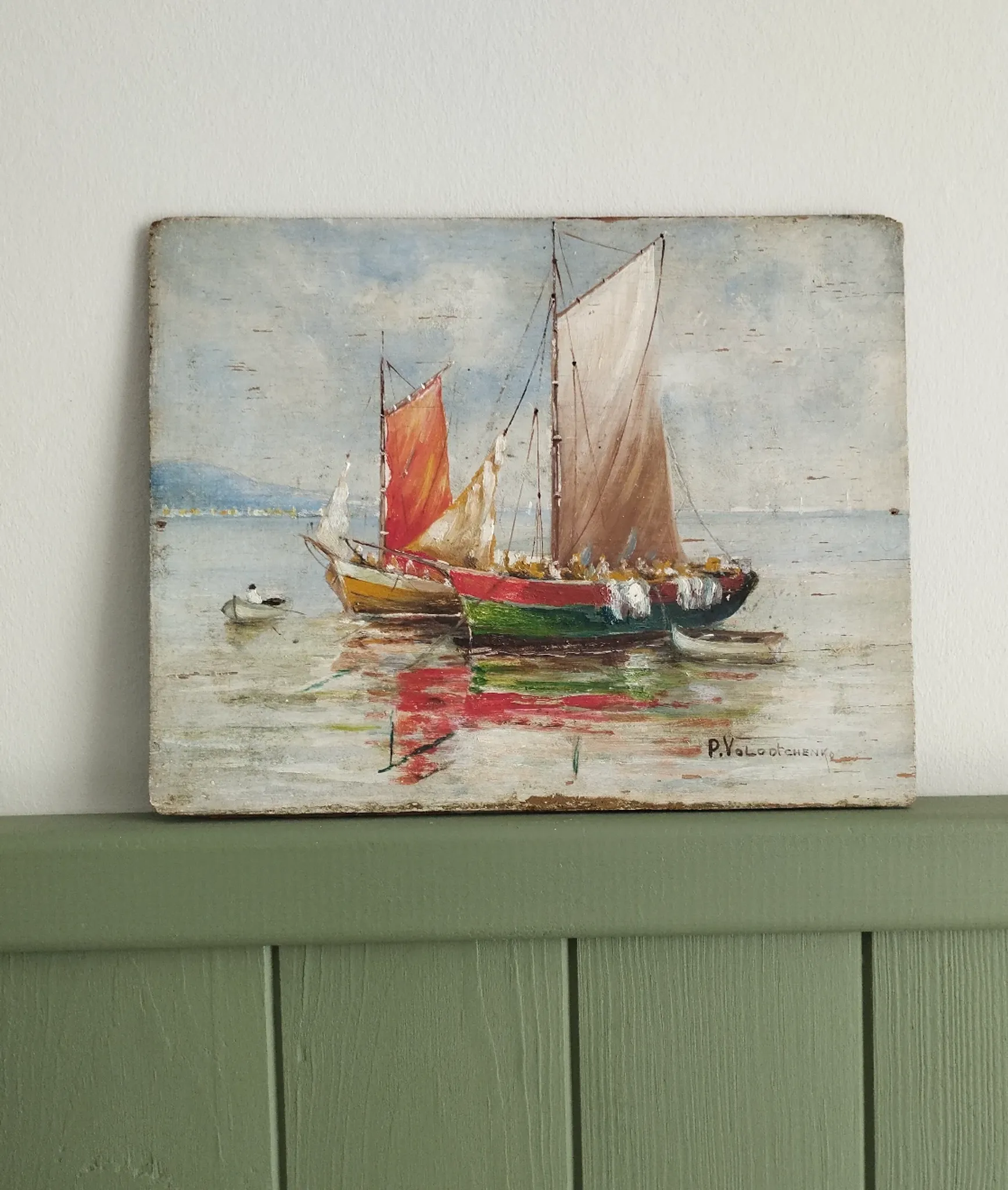 Fishing boats on calm sea. oil painting signed p. volotchenko.