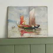 Fishing boats on calm sea. oil painting signed p. volotchenko.
