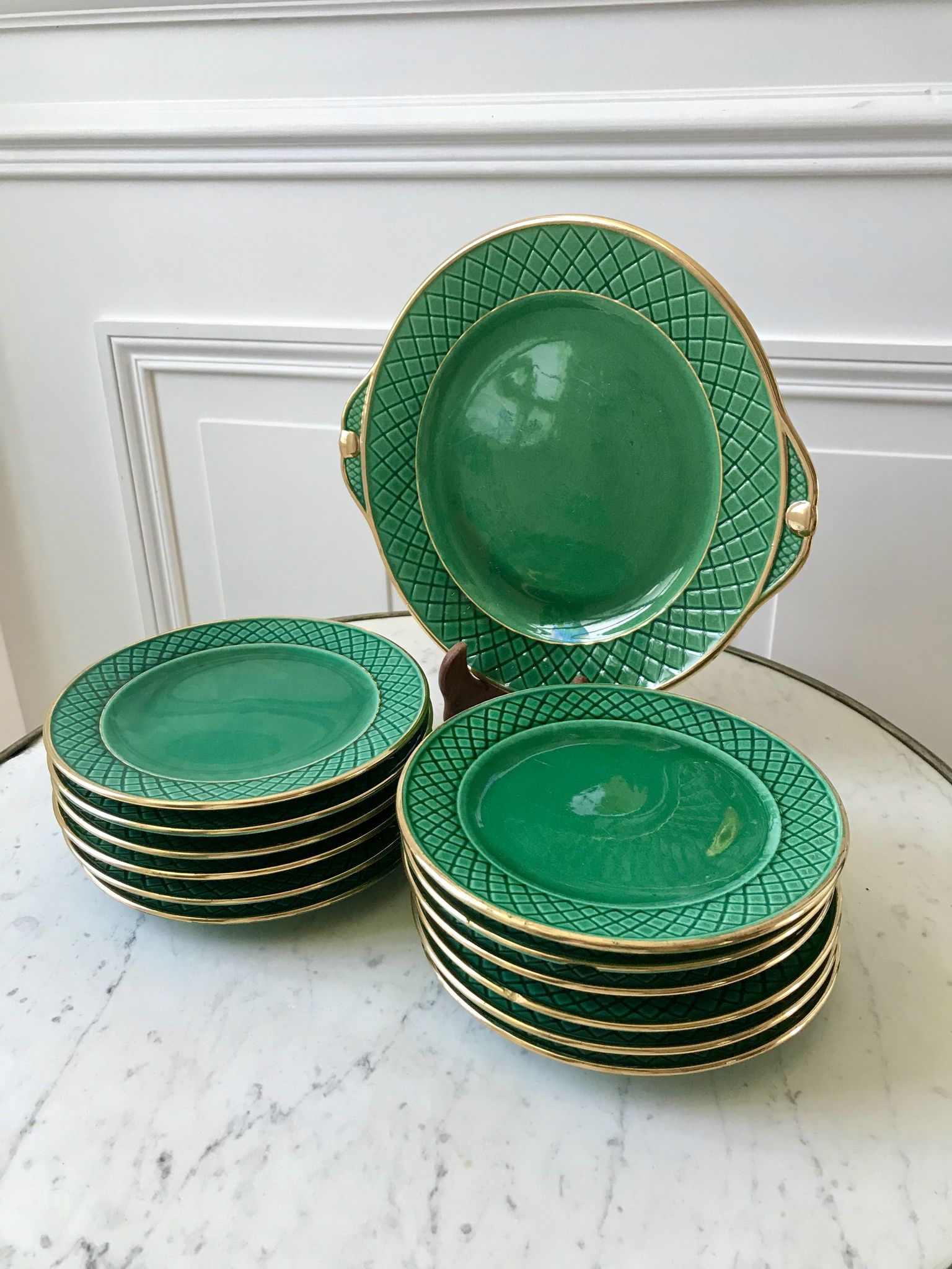 dessert service 12 dessert plates and a green and golden Art Deco cake dish 40s