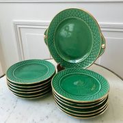 dessert service 12 dessert plates and a green and golden Art Deco cake dish 40s