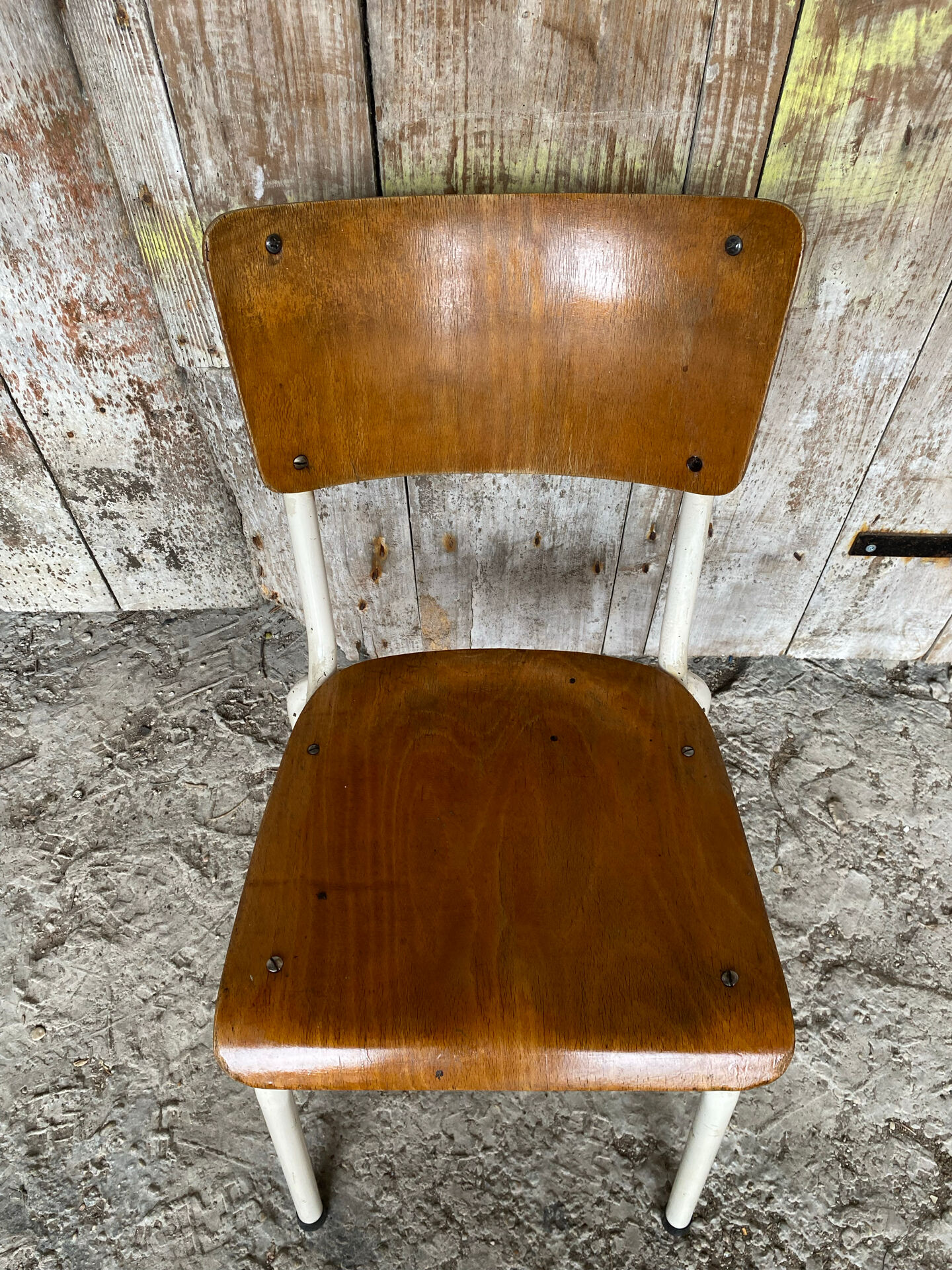 Chaise ecolier ancienne colmon tube metal blanc + bois vintage