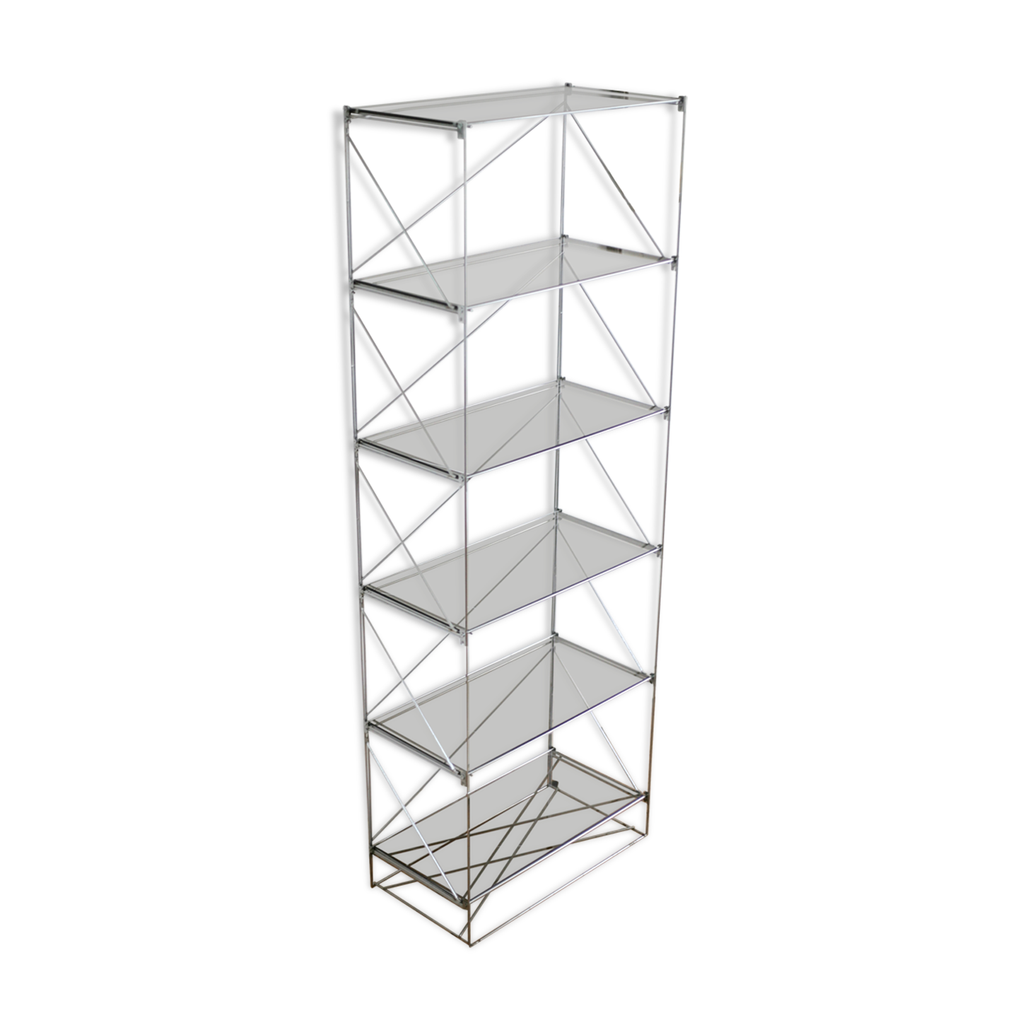Etagère Isocèle de Max Sauze, acier et verre fumé, France circa 1970
