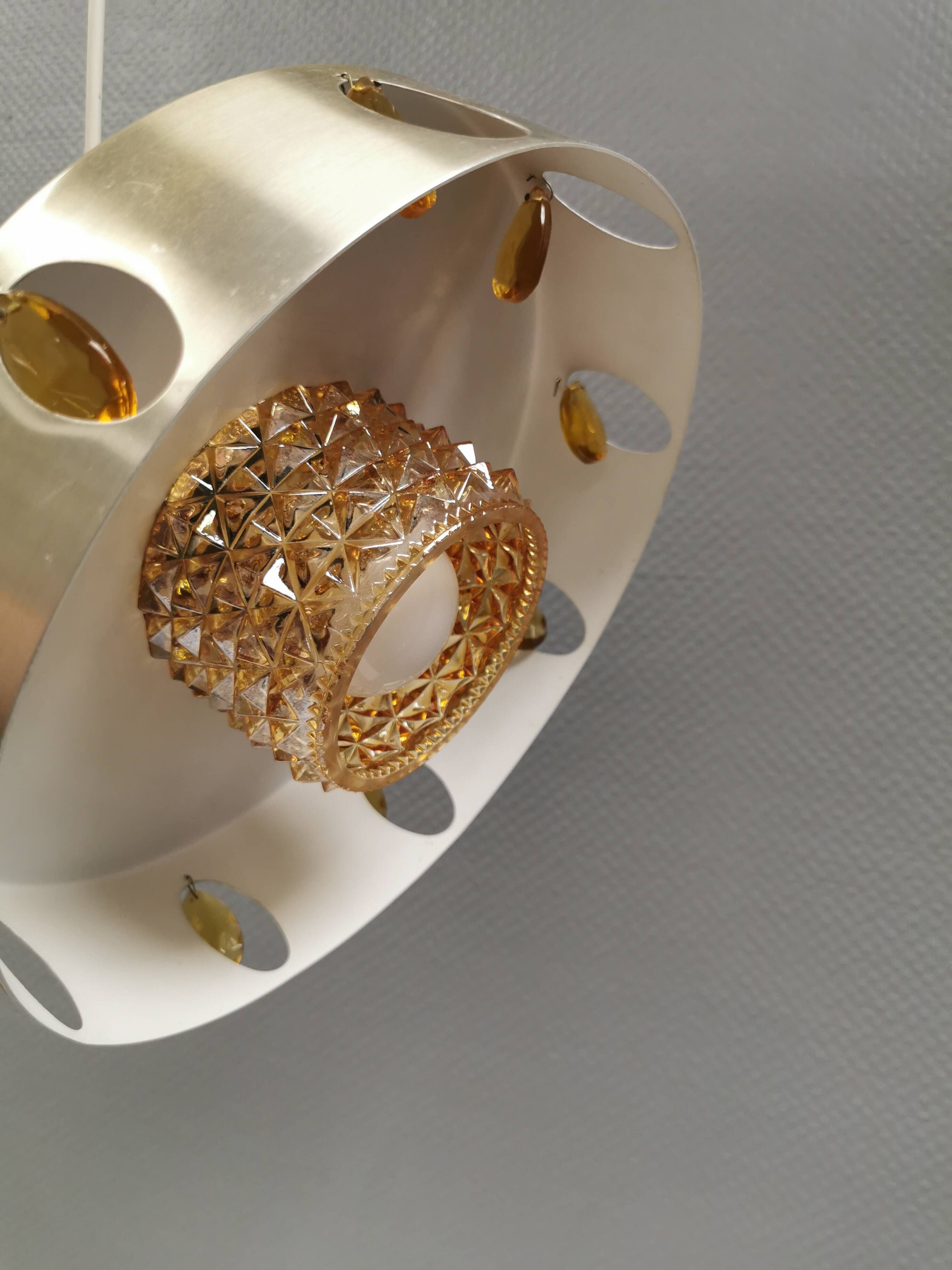 Danish hanging lamp made of glass, metal and with amber colored prisms