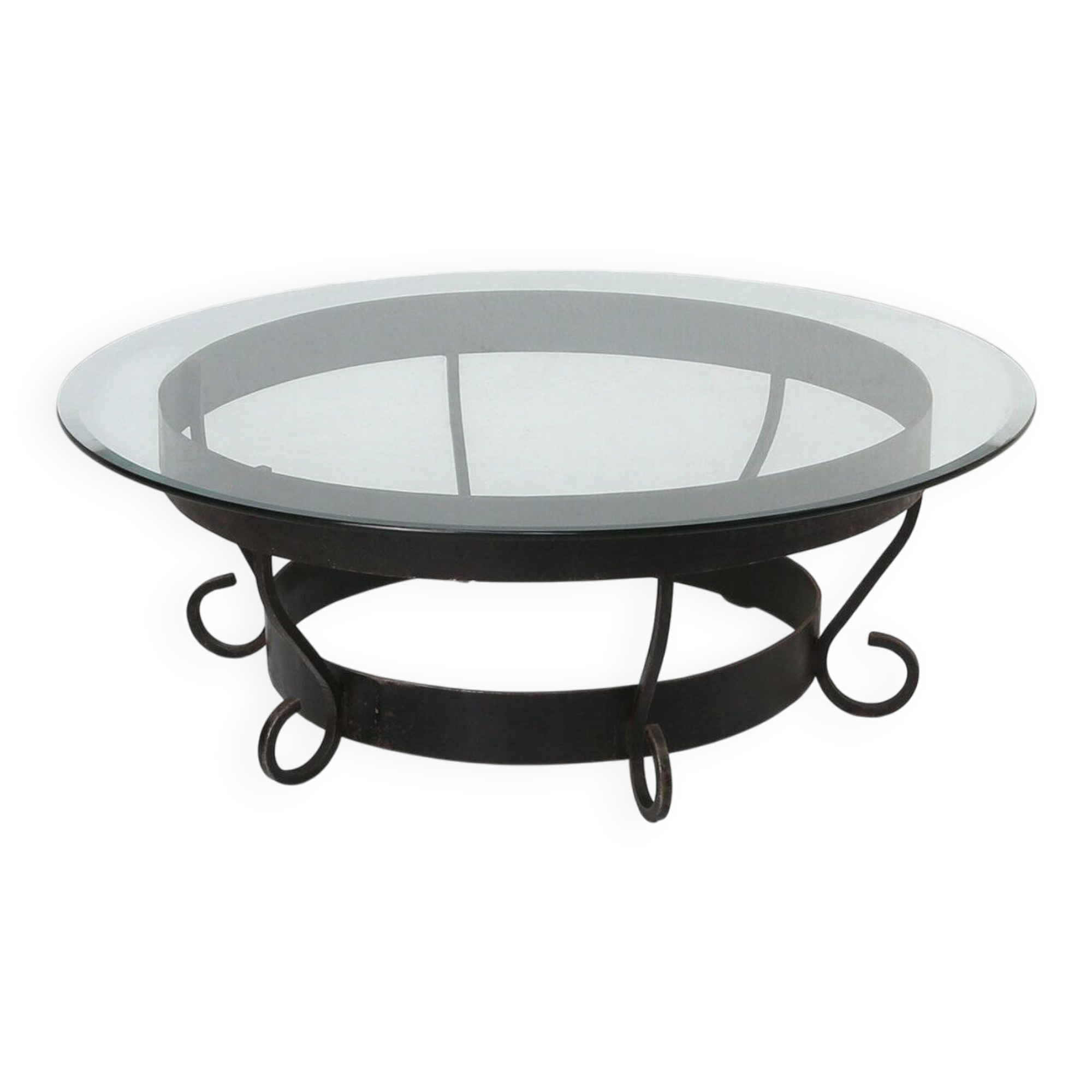 Round Coffee Table with Wrought Iron Base and Glass Top, France, 1930s
