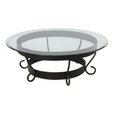 Table basse ronde en fer forgé et plateau en verre, France, années 1930