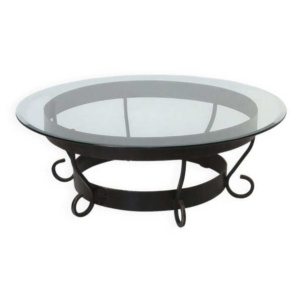Table basse ronde en fer forgé et plateau en verre, France, années 1930