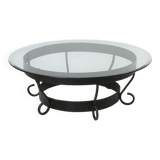 Round Coffee Table with Wrought Iron Base and Glass Top, France, 1930s