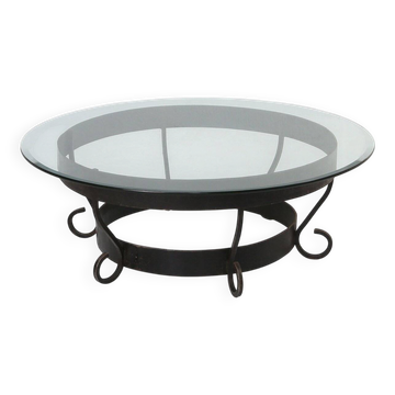 Table basse ronde en fer forgé et plateau en verre, France, années 1930