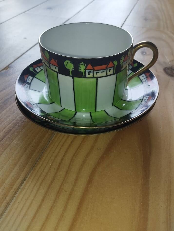 Antique cup and two saucers – Art Deco geometric design
