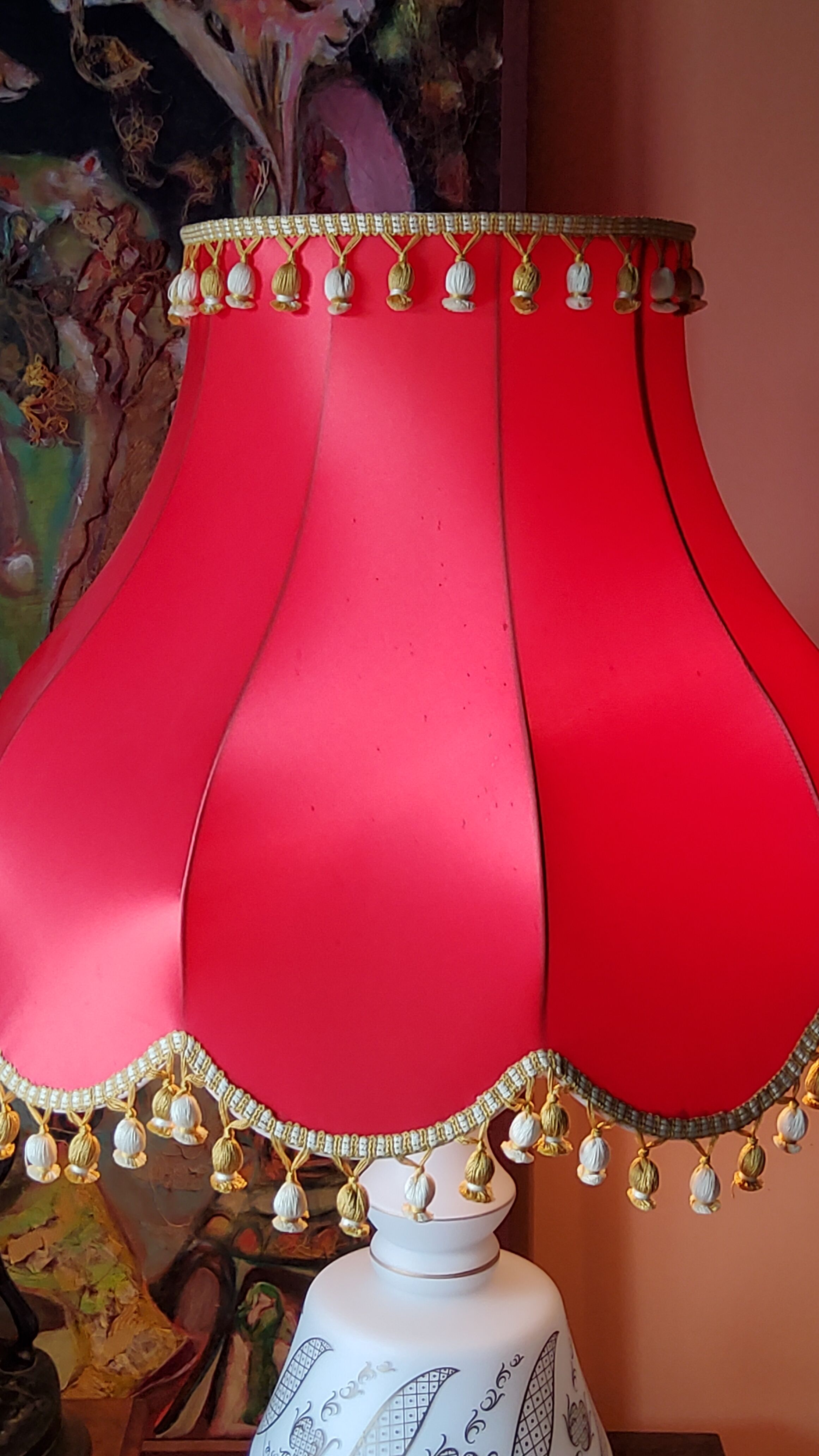 Vintage lamp of the 50s in white and golden opaline glass lampshade in red satin 75cm