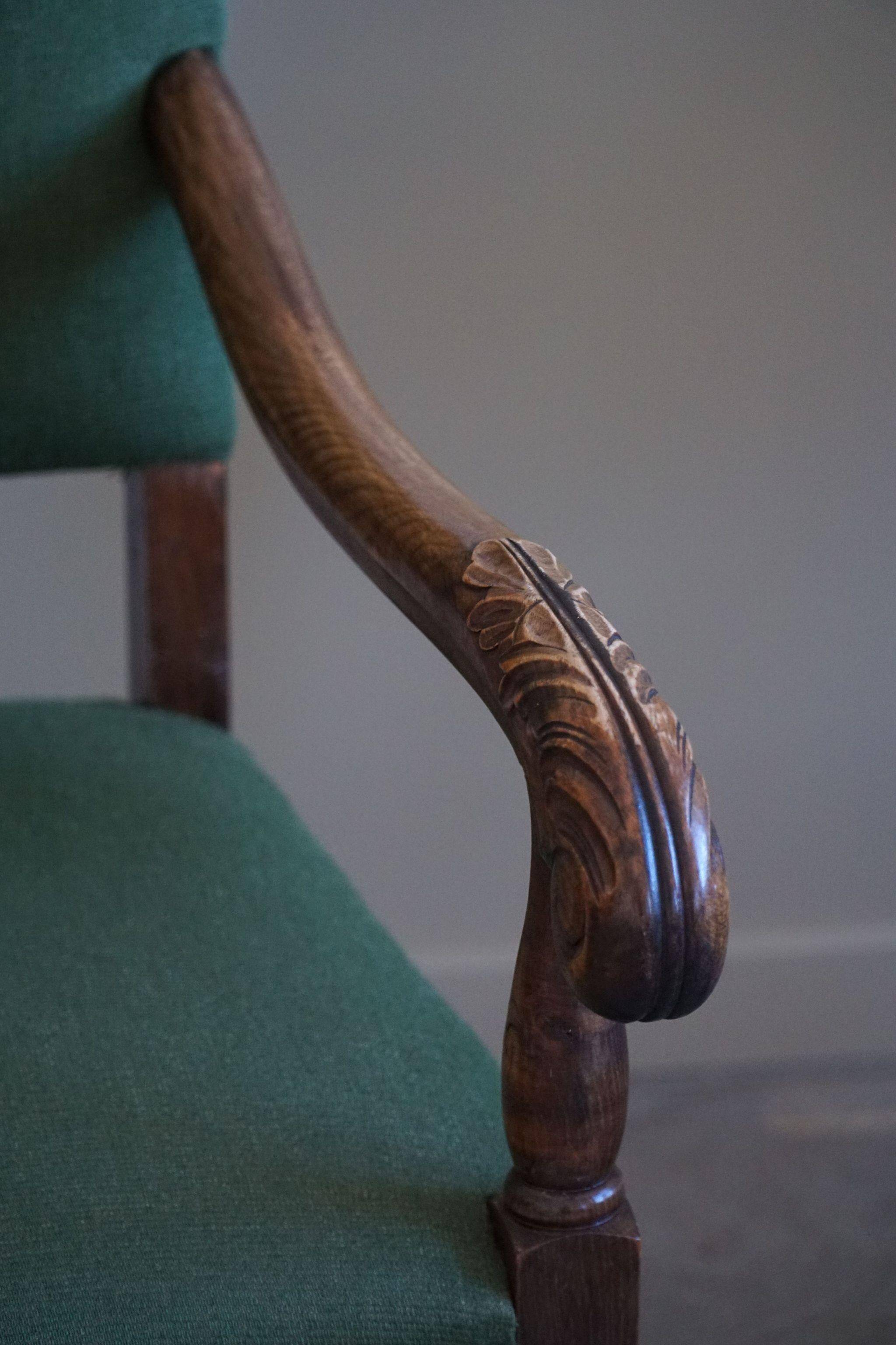 Oak and wool armchairs, Louis XIII style, by a French cabinetmaker from the 1930s.