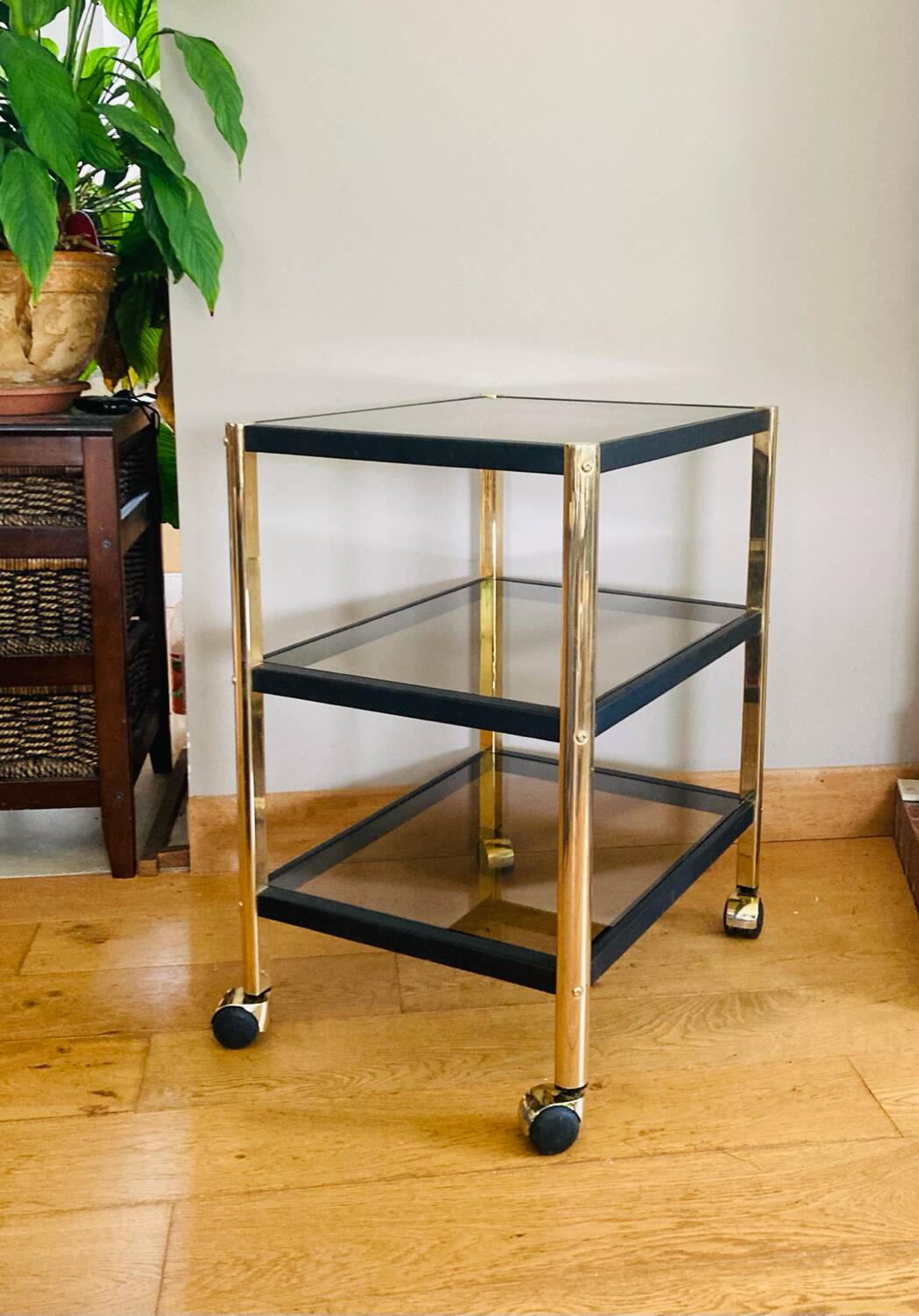 Side table in gold metal and smoked glasses 1970s