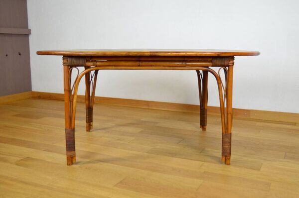 Table de Repas Vintage Ovale en Bambou et Rotin 1980