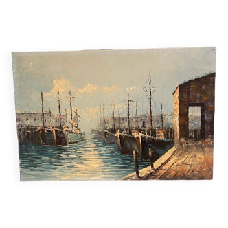 Huile sur toile milieu XXe "marine et bateaux à quai" par P. Lemeut