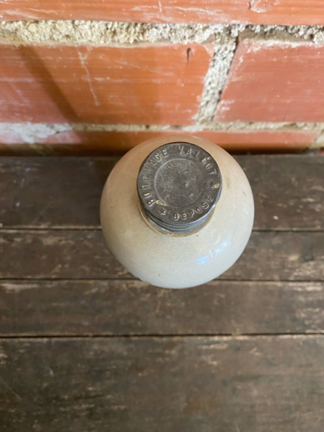 Vintage grey glazed stoneware bottle paul langeron with metal stopper