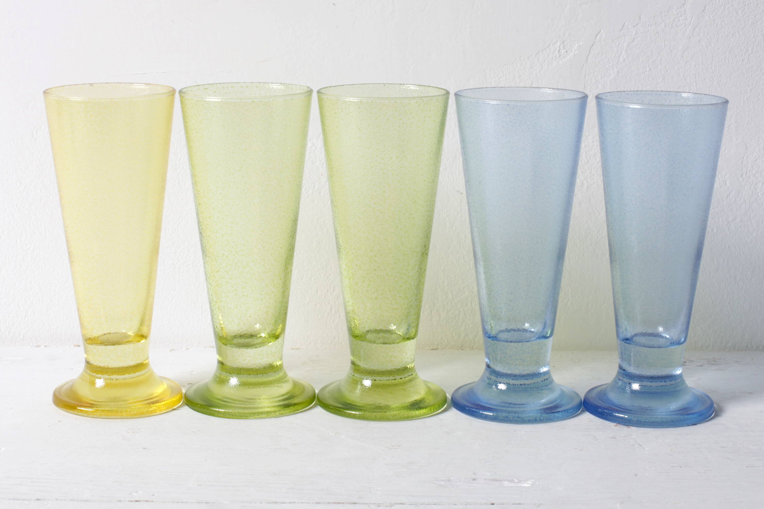 Set of 5 Colorful Yellow, Green and Blue Water Tumblers / Turkey / 2000s