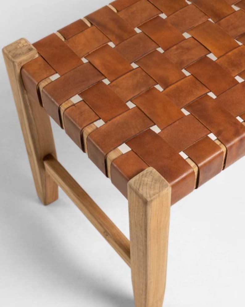 Wooden and woven leather bench, 80 cm