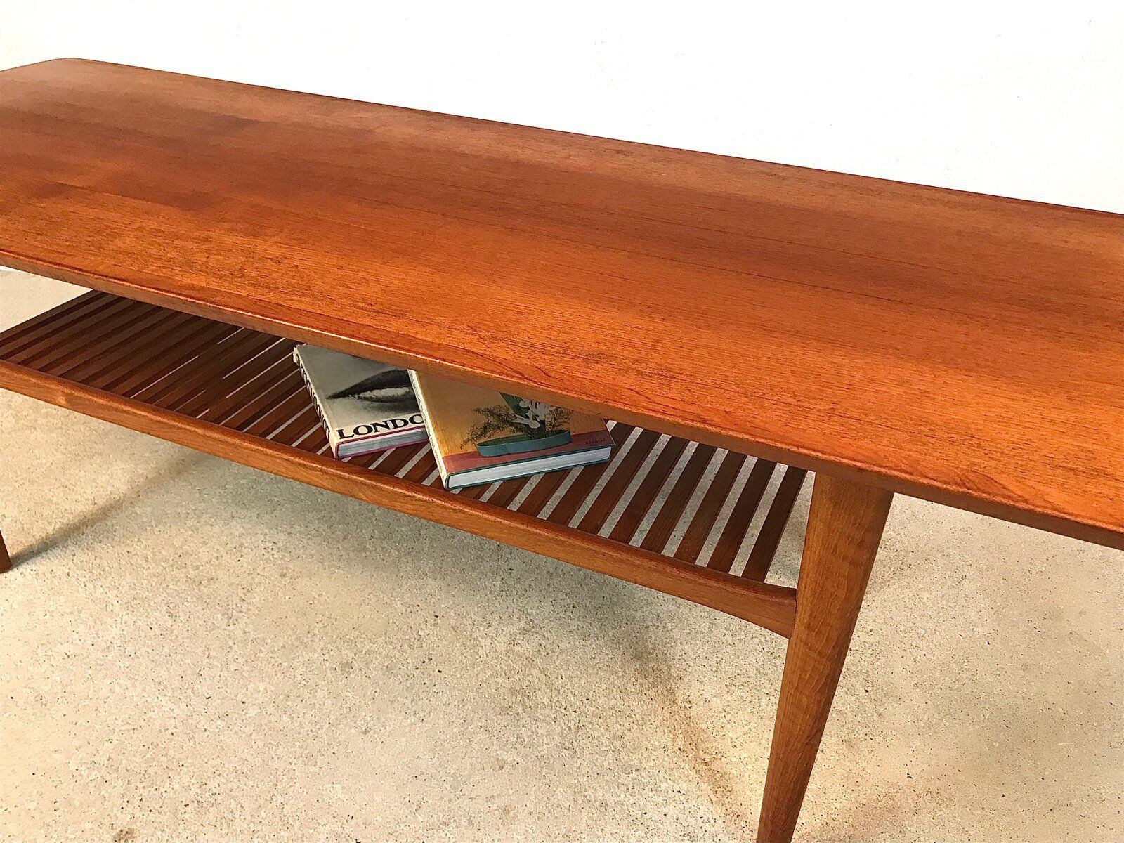 Scandinavian teak coffee table with slatted shelf, Denmark 1960s