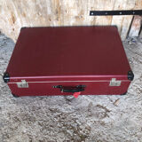 Old suitcase red cardboard bordeaux clasp metal vintage